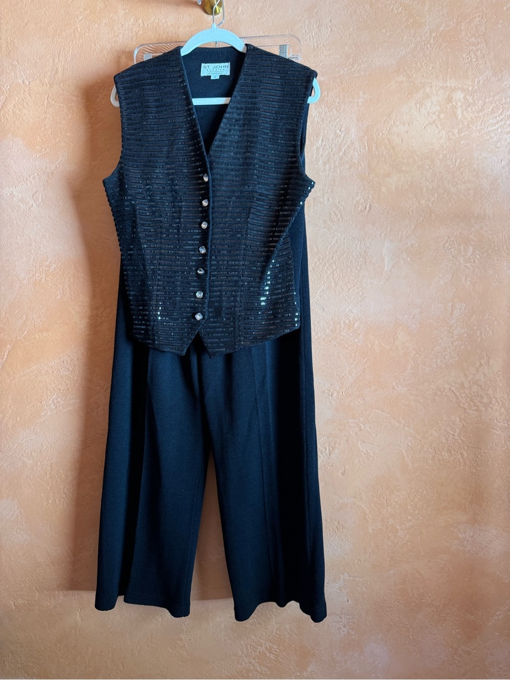 St John Evening 3 Piece Embellished tank Cardigan and Knit Pant Set Black 12